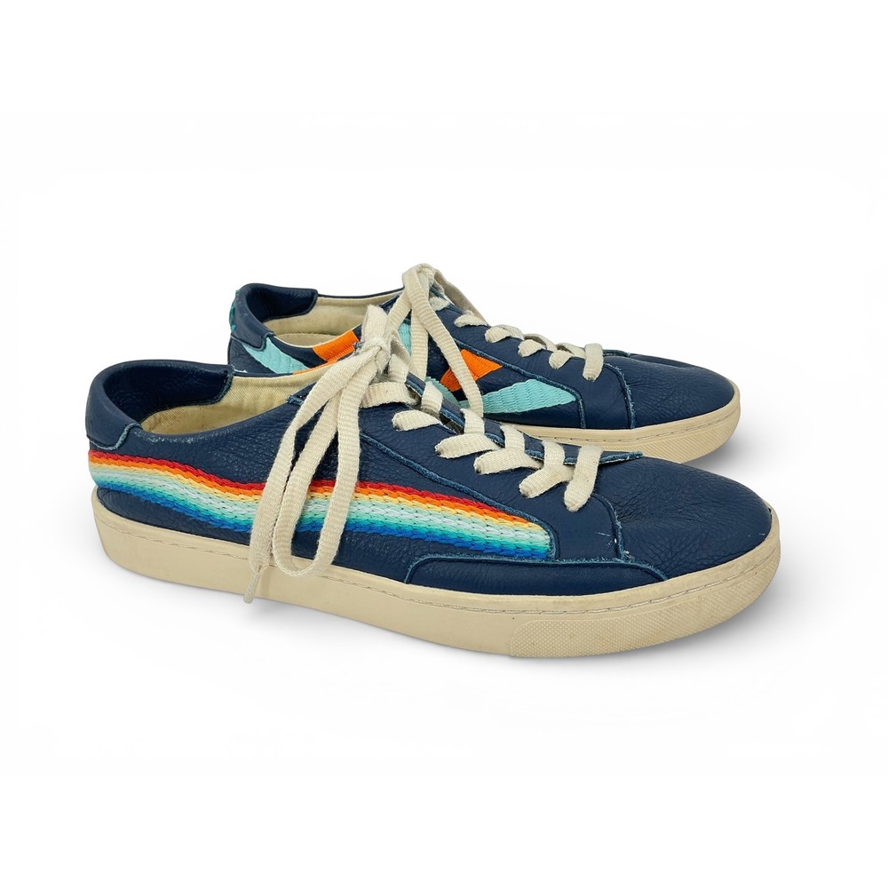 Soludos Chill Out Navy Leather Low Top Sneakers Womens 9.5 Embroidered Rainbow